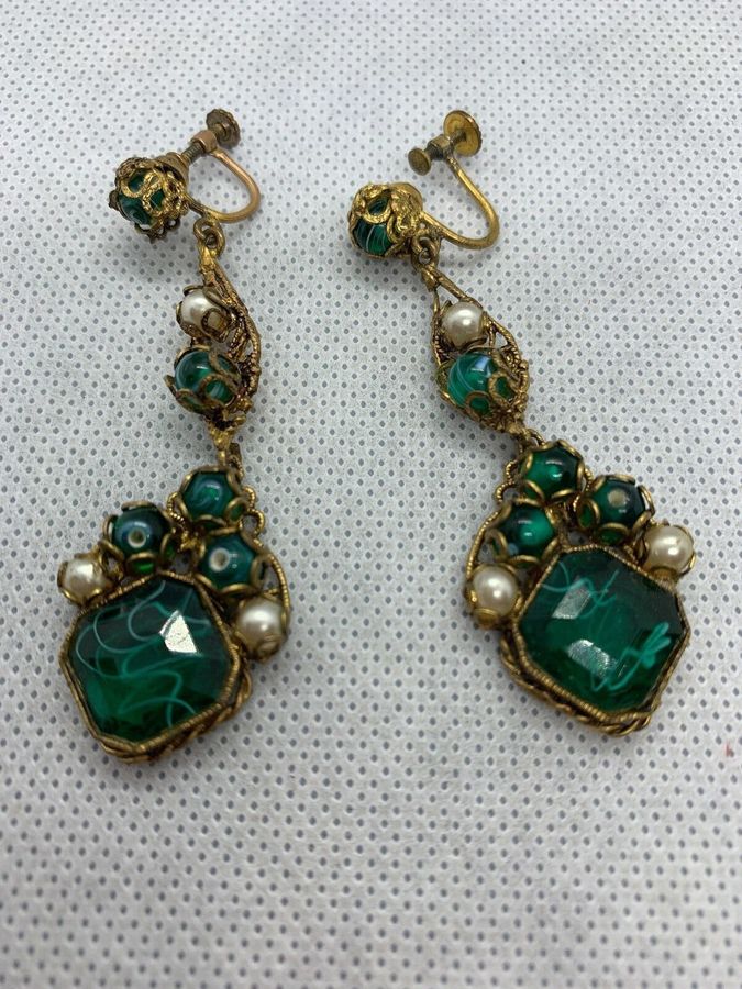 Antique Vintage  Murano glass and Pearl Dangly Earrings