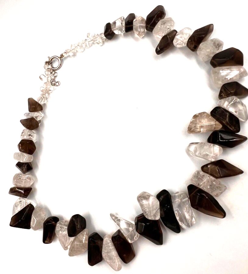 Antique Vintage Polished Rock Crystal & Smokey  Quartz Necklace Sterling Silver Clasp