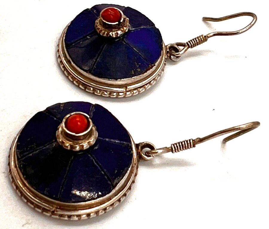 Antique Antique Art Deco Sterling Silver  Coral & Lapis Lazuli Drop Earrings Hand Worked