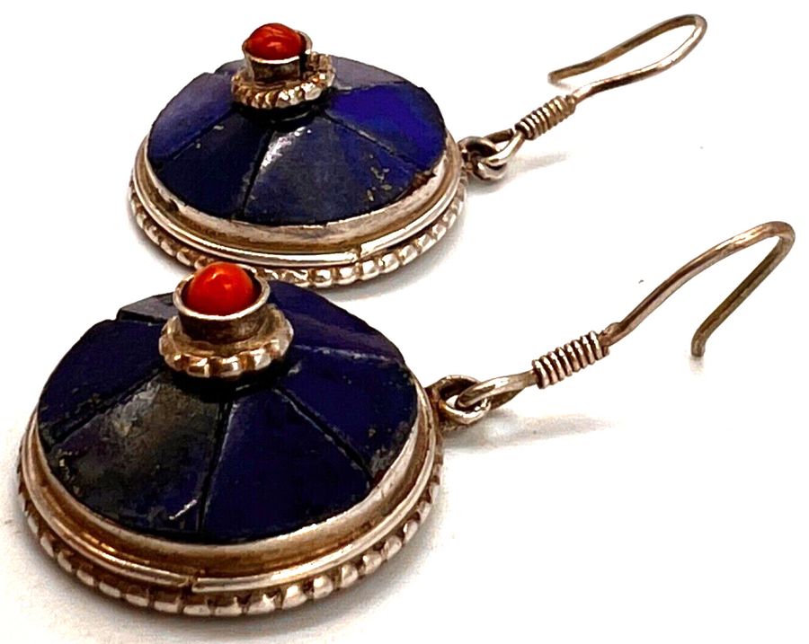 Antique Antique Art Deco Sterling Silver  Coral & Lapis Lazuli Drop Earrings Hand Worked