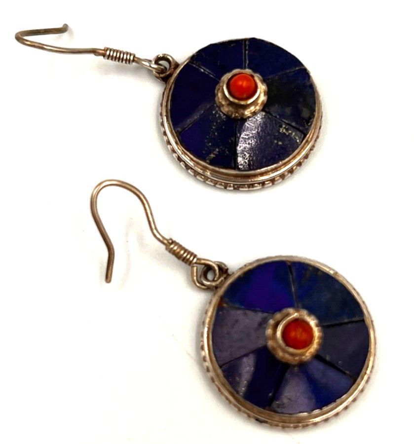 Antique Antique Art Deco Sterling Silver  Coral & Lapis Lazuli Drop Earrings Hand Worked