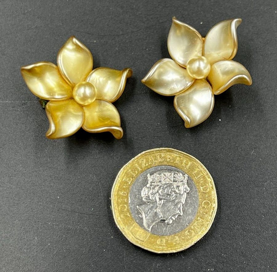 Antique Vintage Bakelite Earrings Clip On Flower with Central Pearl