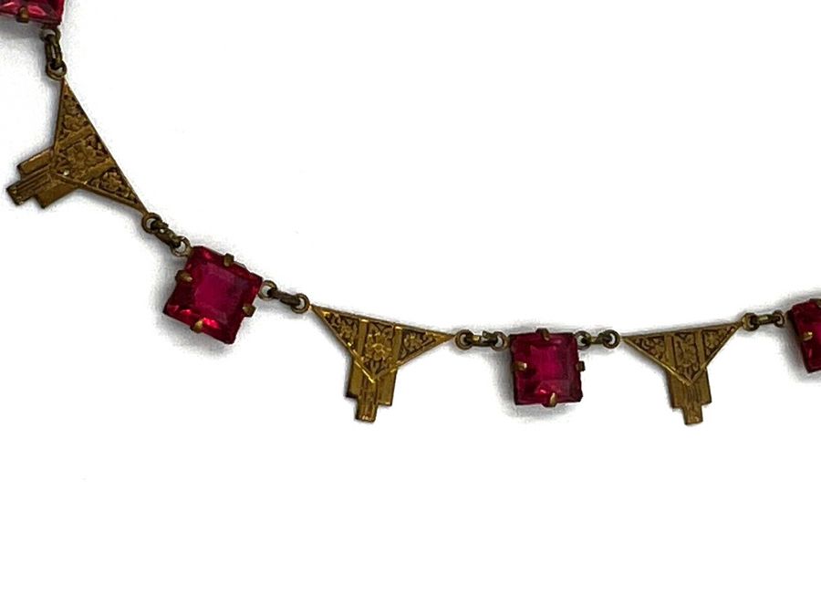 Antique Antique Rivière Art Deco Necklace Choker C 1920s Square Cushion Cut Czech Red