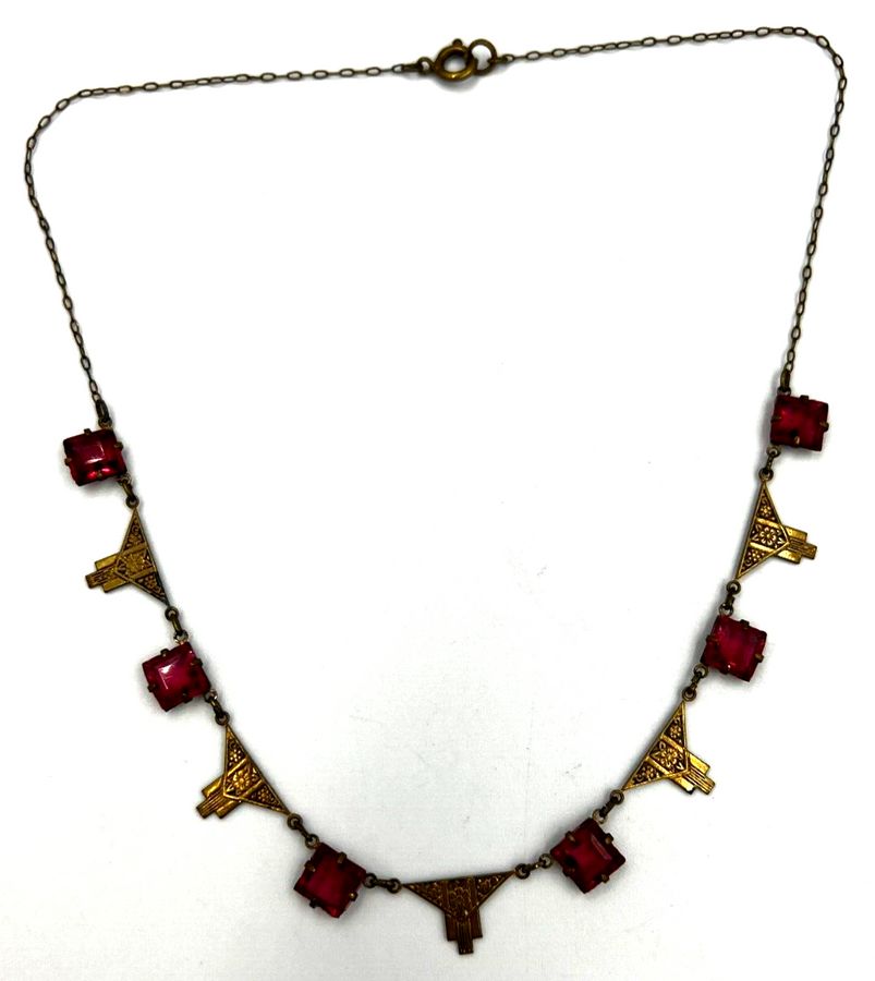 Antique Antique Rivière Art Deco Necklace Choker C 1920s Square Cushion Cut Czech Red