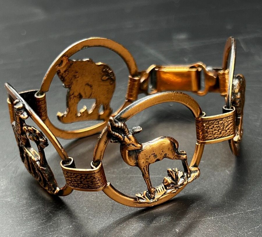 Antique Vintage Copper Chunky Cuff Bracelet Featuring African Animals