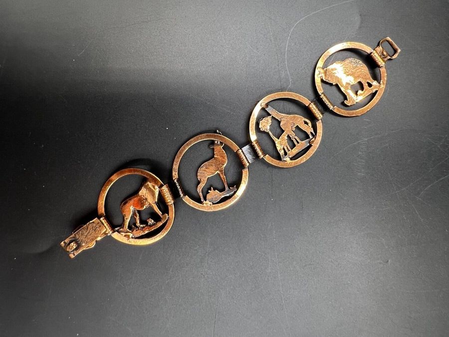 Antique Vintage Copper Chunky Cuff Bracelet Featuring African Animals