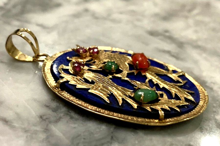 Antique Antique 14CT Gold Dragon Lapis Lazuli Pendant  with Jade Ruby  Emerald Cabochons