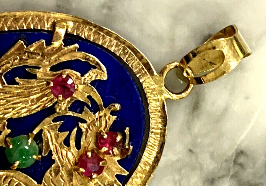 Antique Antique 14CT Gold Dragon Lapis Lazuli Pendant  with Jade Ruby  Emerald Cabochons