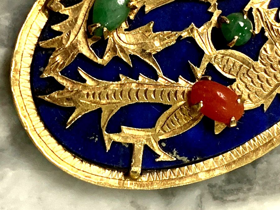 Antique Antique 14CT Gold Dragon Lapis Lazuli Pendant  with Jade Ruby  Emerald Cabochons