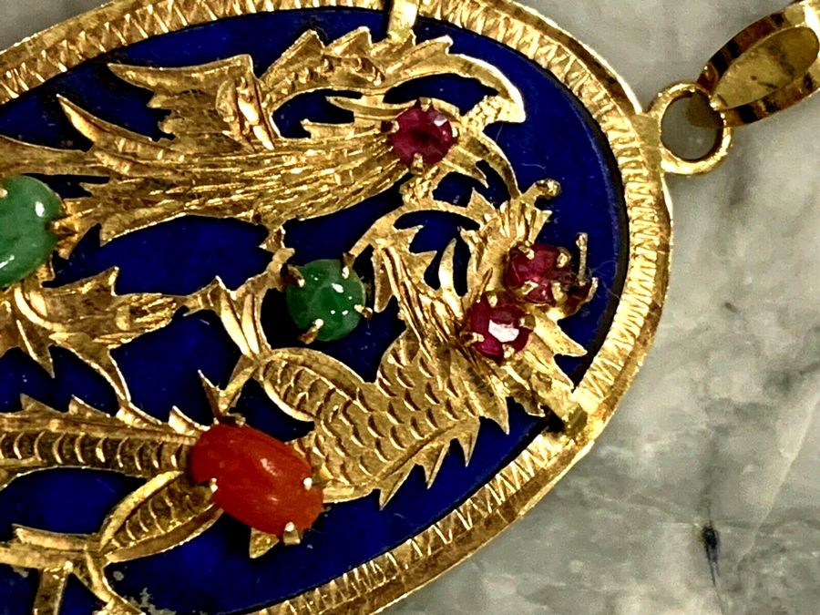 Antique Antique 14CT Gold Dragon Lapis Lazuli Pendant  with Jade Ruby  Emerald Cabochons