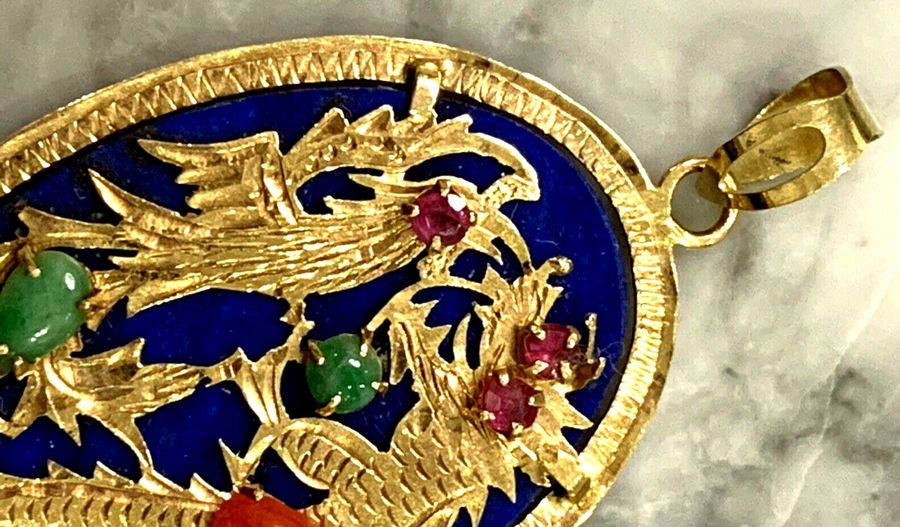 Antique Antique 14CT Gold Dragon Lapis Lazuli Pendant  with Jade Ruby  Emerald Cabochons