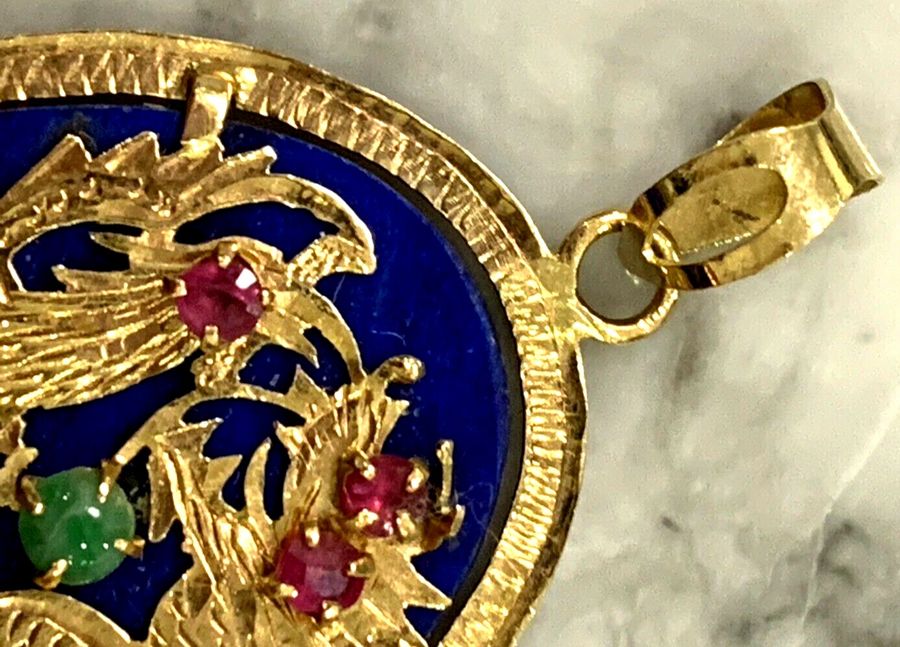 Antique Antique 14CT Gold Dragon Lapis Lazuli Pendant  with Jade Ruby  Emerald Cabochons