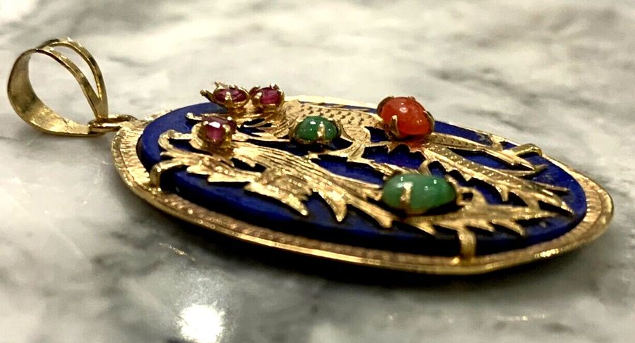 Antique Antique 14CT Gold Dragon Lapis Lazuli Pendant  with Jade Ruby  Emerald Cabochons