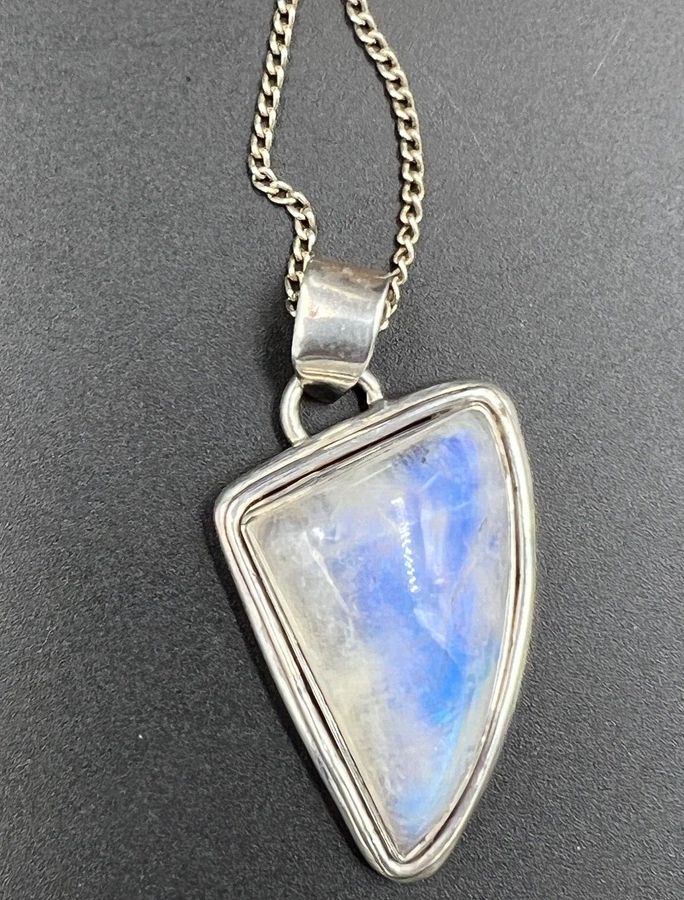 Antique Vintage Large Moonstone Pendant Hallmarked and Chain Solid Silver