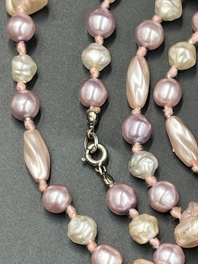 Antique Antique Natural Baroque Pearl Necklace Long Flapper Pink Lilac Hand Knotted