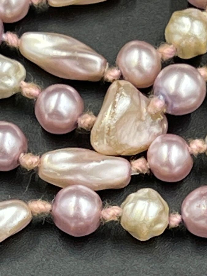 Antique Antique Natural Baroque Pearl Necklace Long Flapper Pink Lilac Hand Knotted