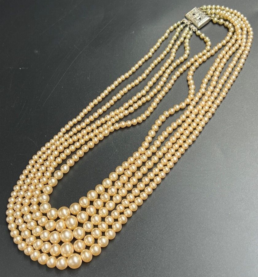 Antique Vintage 1940s 5 String Simulated Pearl Necklace Graduated