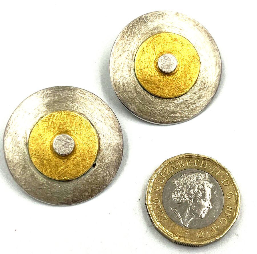 Antique Vintage Hallmarked Large Solid Silver & Vermeil Clip On Earrings