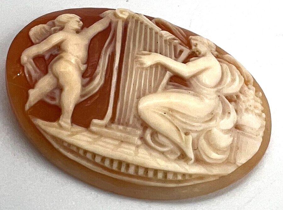 Antique Antique Victorian Large Shell Cameo Carving Lyre Harp Player & Putto  C1890