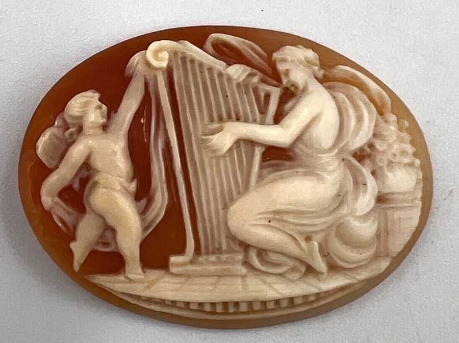 Antique Antique Victorian Large Shell Cameo Carving Lyre Harp Player & Putto  C1890