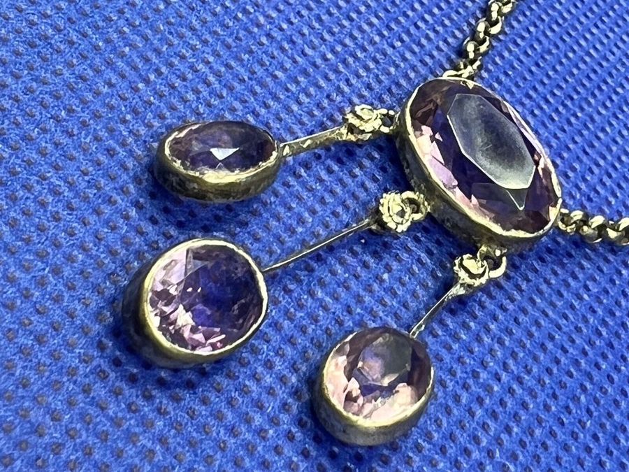 Antique Antique Edwardian Solid Silver & Amethyst Pendant Necklace 3 EnTremble Amethysts