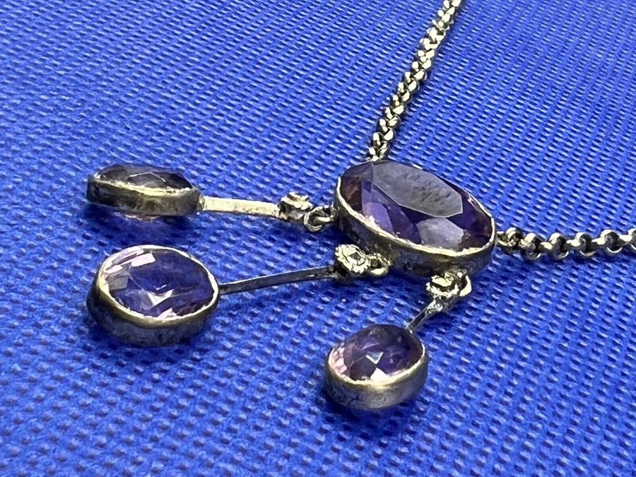 Antique Antique Edwardian Solid Silver & Amethyst Pendant Necklace 3 EnTremble Amethysts