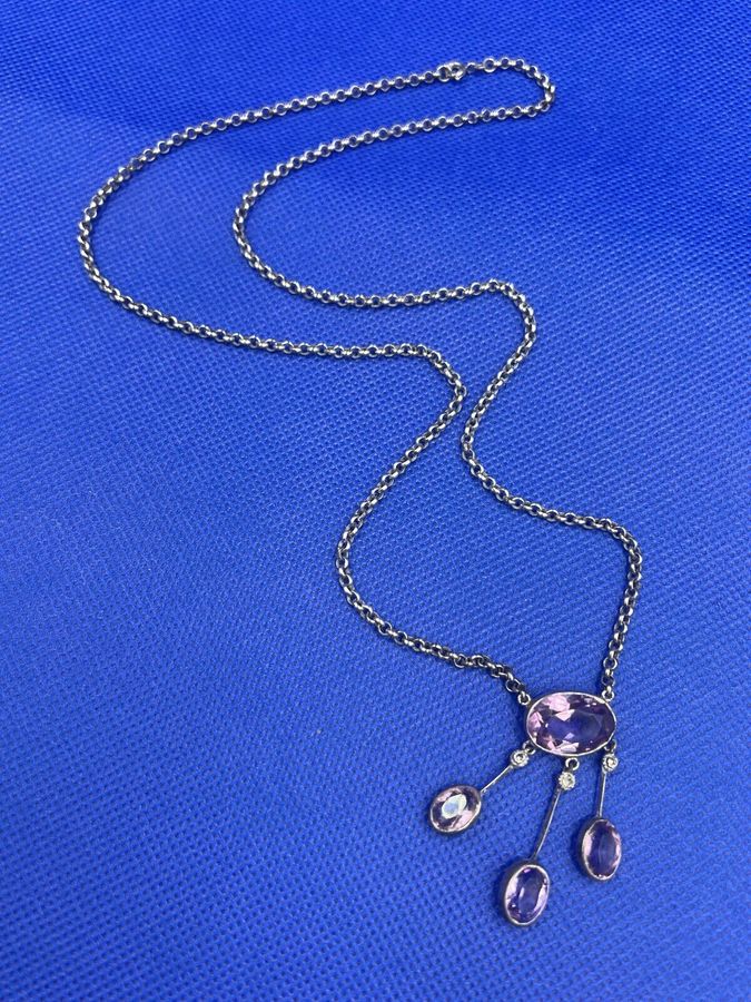 Antique Antique Edwardian Solid Silver & Amethyst Pendant Necklace 3 EnTremble Amethysts