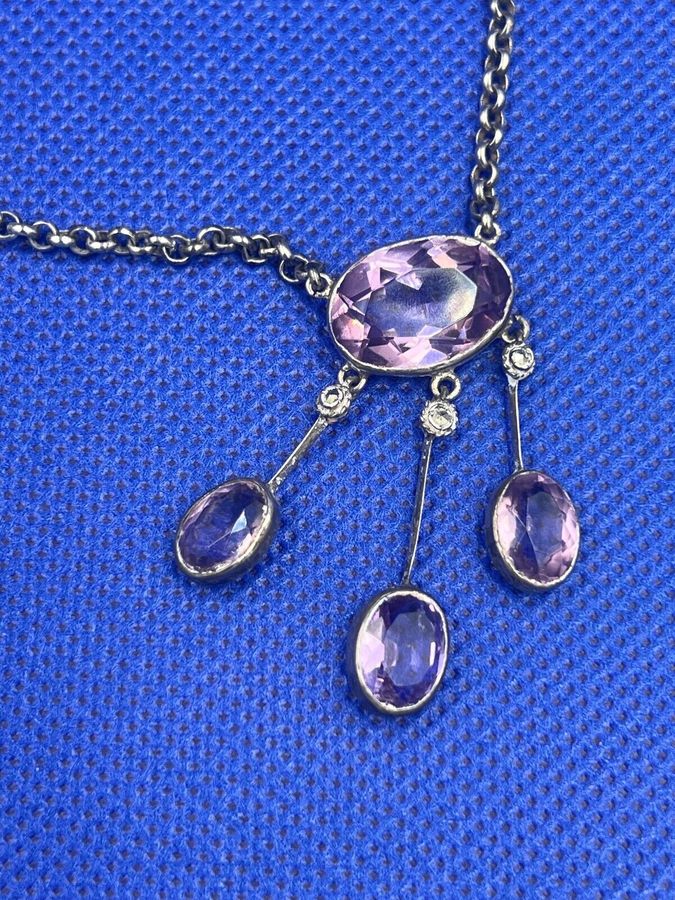 Antique Antique Edwardian Solid Silver & Amethyst Pendant Necklace 3 EnTremble Amethysts