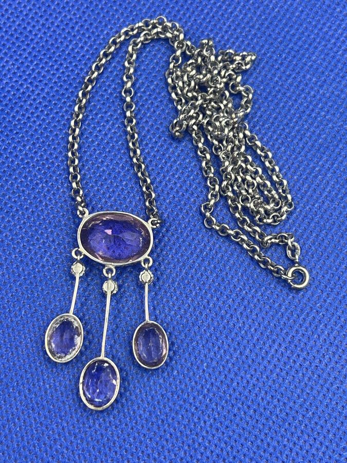 Antique Antique Edwardian Solid Silver & Amethyst Pendant Necklace 3 EnTremble Amethysts