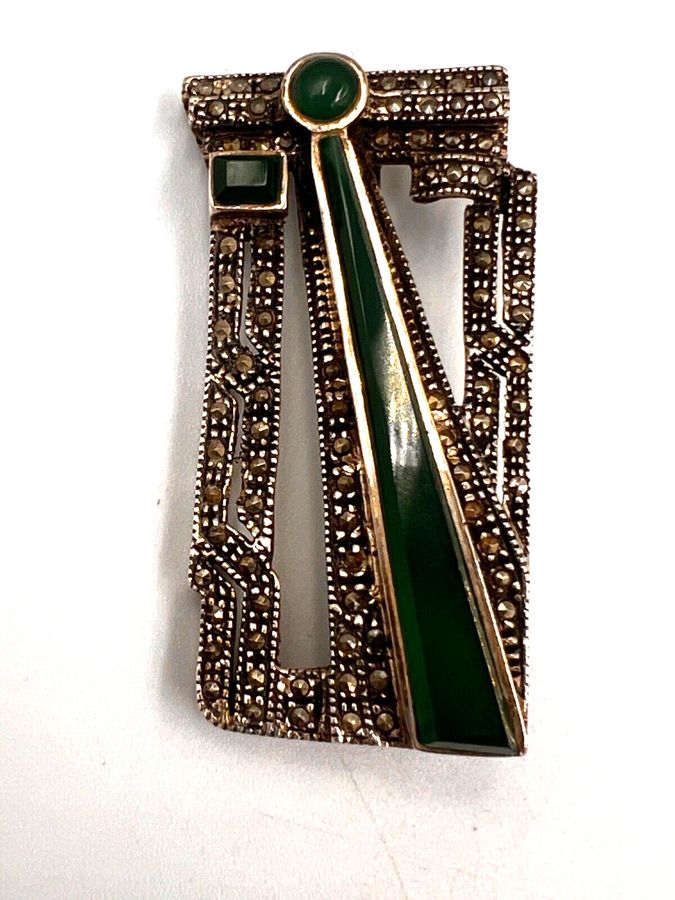 Antique Antique Art Deco Czech Jade Green Marcasite Silver Large Brooch