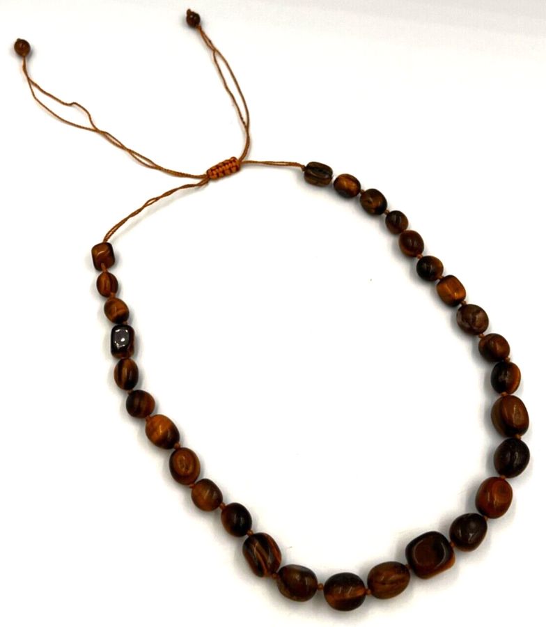 Antique Vintage Natural Tiger Eye Chunky Necklace Choker Graduated  Macrame Clasp (B)