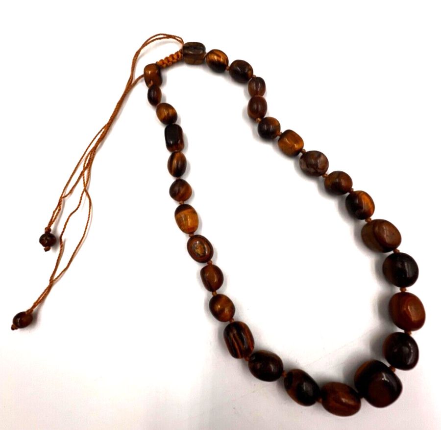 Antique Vintage Natural Tiger Eye Chunky Necklace Choker Graduated  Macrame Clasp (B)