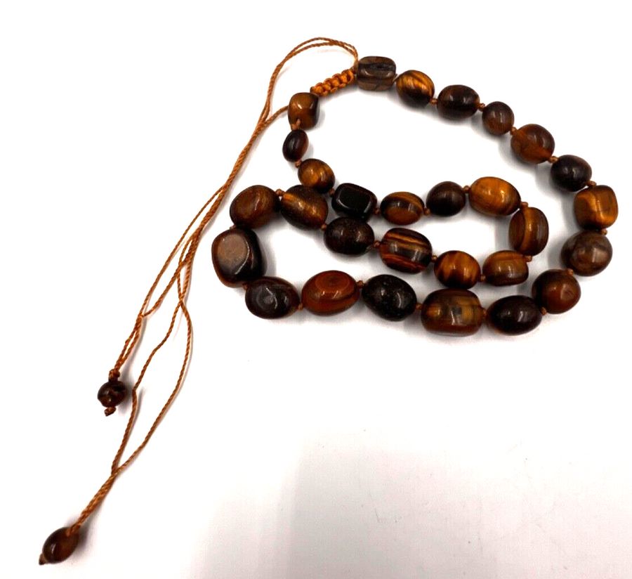 Antique Vintage Natural Tiger Eye Chunky Necklace Choker Graduated  Macrame Clasp (B)