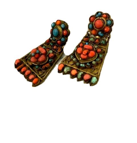 Antique Antique Egyptian Revival Natural Turquoise and Coral  Earrings Clip On Art Deco