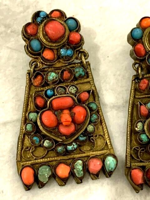 Antique Antique Egyptian Revival Natural Turquoise and Coral  Earrings Clip On Art Deco