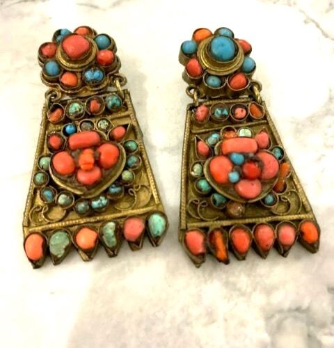 Antique Antique Egyptian Revival Natural Turquoise and Coral  Earrings Clip On Art Deco