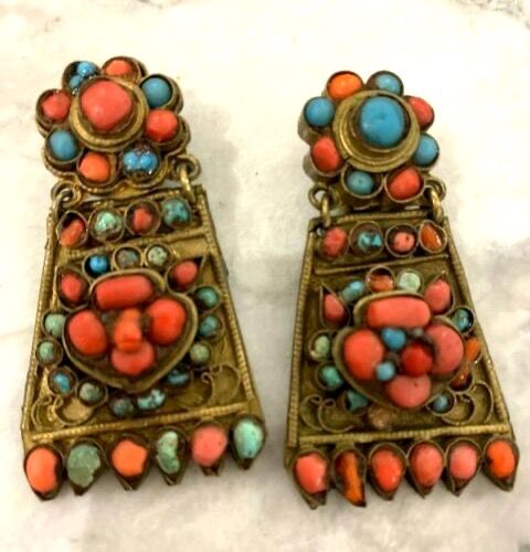 Antique Antique Egyptian Revival Natural Turquoise and Coral  Earrings Clip On Art Deco