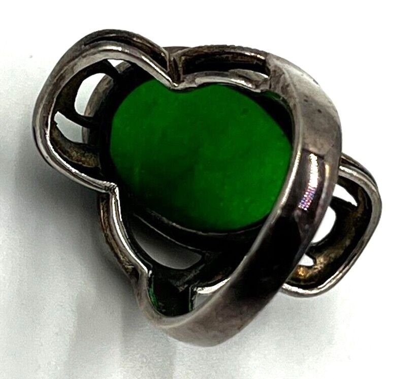 Antique Antique Imperial Jadeite Ring Large Cabochon Silver & Marcasite Size S