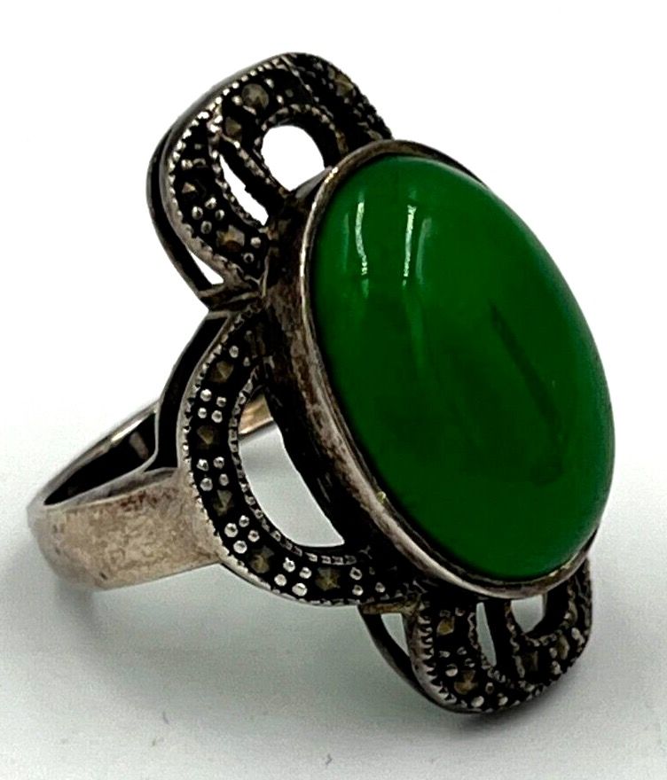 Antique Antique Imperial Jadeite Ring Large Cabochon Silver & Marcasite Size S