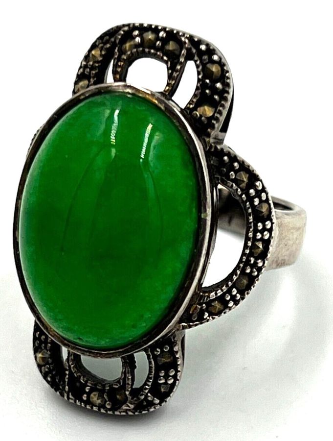 Antique Antique Imperial Jadeite Ring Large Cabochon Silver & Marcasite Size S