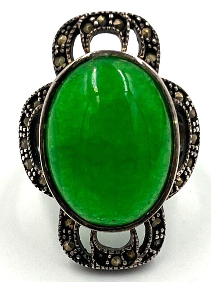 Antique Antique Imperial Jadeite Ring Large Cabochon Silver & Marcasite Size S