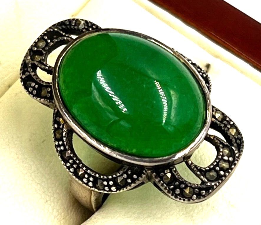 Antique Antique Imperial Jadeite Ring Large Cabochon Silver & Marcasite Size S