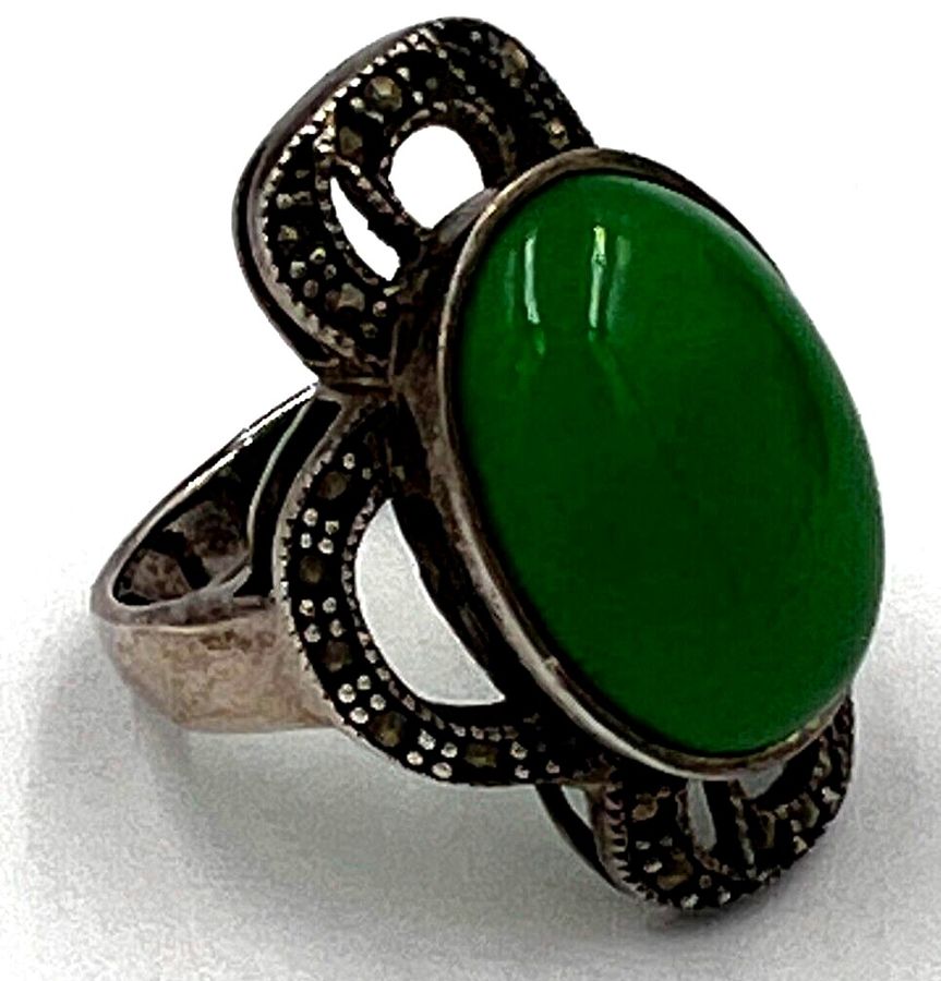 Antique Antique Imperial Jadeite Ring Large Cabochon Silver & Marcasite Size S