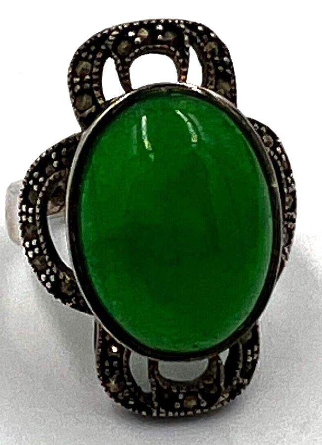 Antique Antique Imperial Jadeite Ring Large Cabochon Silver & Marcasite Size S