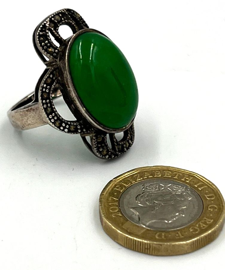 Antique Antique Imperial Jadeite Ring Large Cabochon Silver & Marcasite Size S