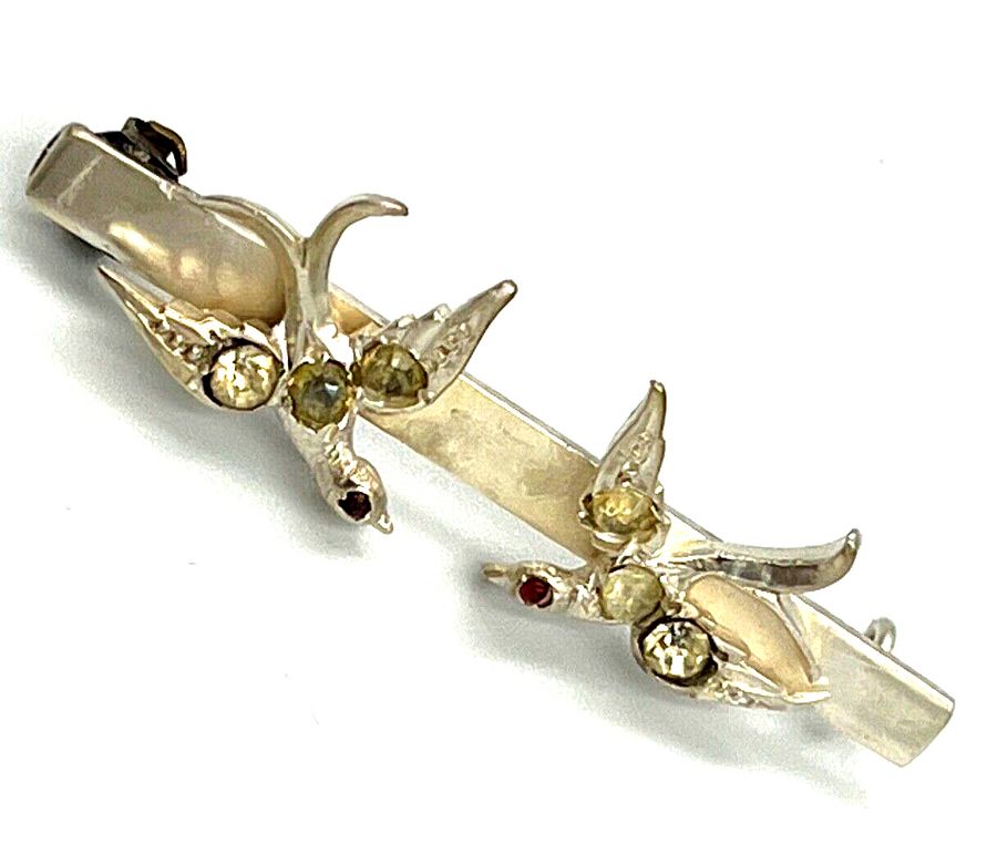 Antique Antique Silver Bar Brooch Birds with Garnet eyes Victorian