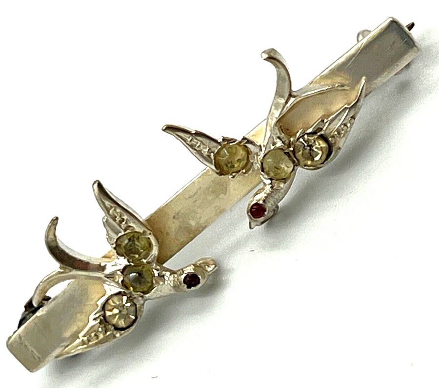 Antique Antique Silver Bar Brooch Birds with Garnet eyes Victorian