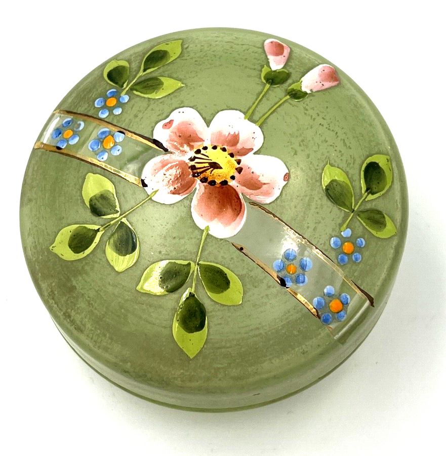 Antique Antique Green Glass Perfume Jar Pot Hand Painted Lid Circa 1920s-1930s