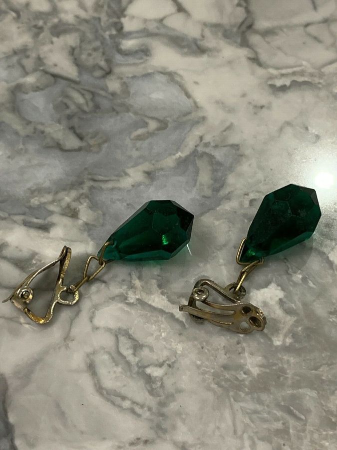 Antique Vintage Art Deco Czech Green Drop Faceted Earrings