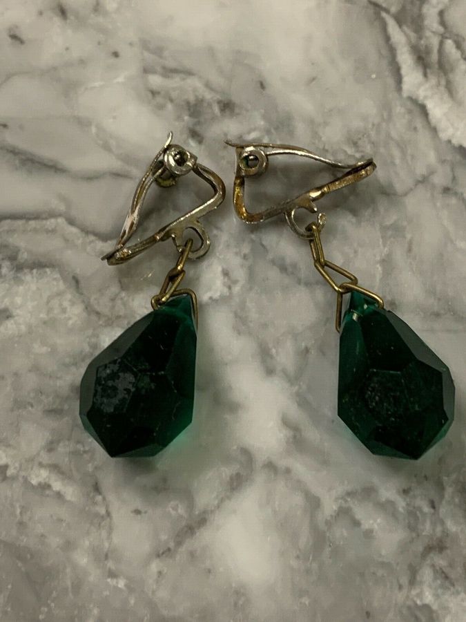 Antique Vintage Art Deco Czech Green Drop Faceted Earrings